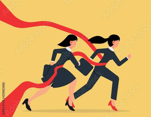 Crossing finish line ribbon. Confident businesspersons colleagues team win race competition achieving success.