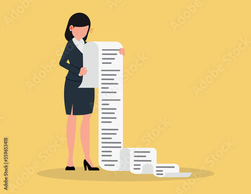 Paper list document, Report. Business woman reading long paper list.