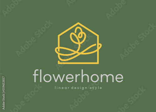 flower House Logo home architecture. suitable for Real Estate branding, boutique, garden, floral related business line art monoline concept | vector graphic illustration