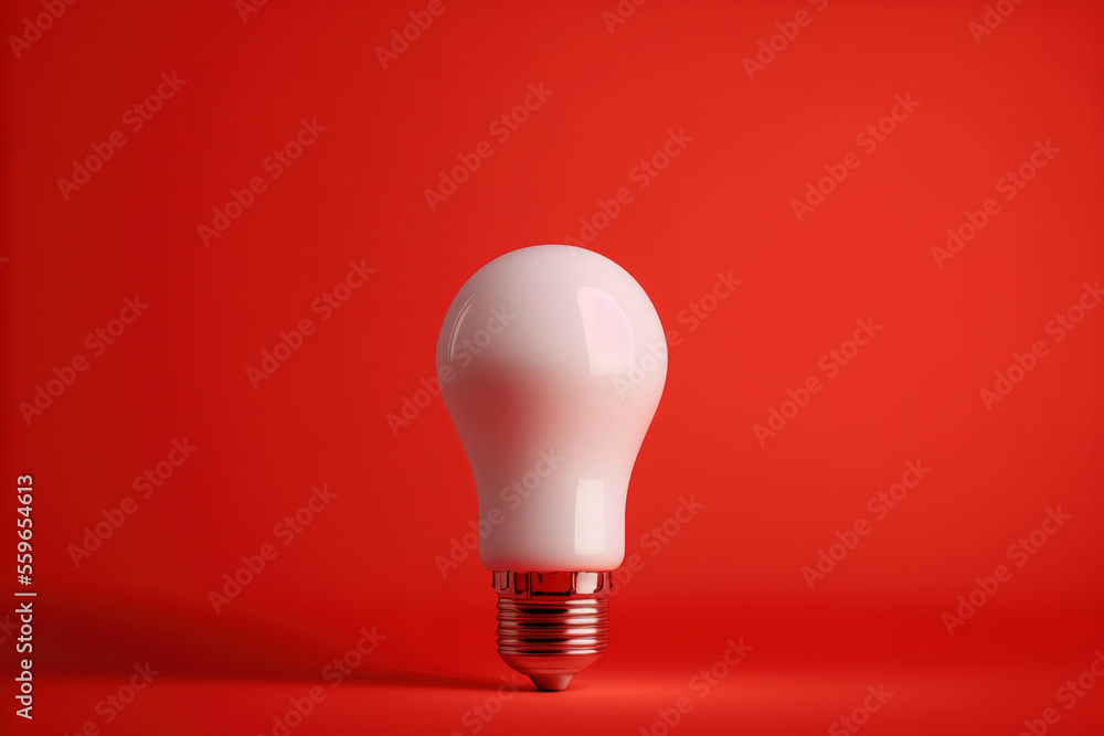 Red light bulb on red background. Front view. Minimal concept. Copy space. Generative AI