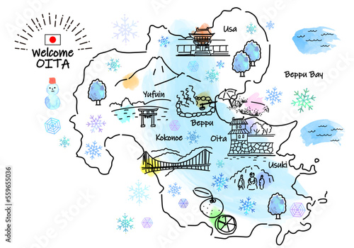 冬の大分県の観光地のシンプル線画イラストマップ