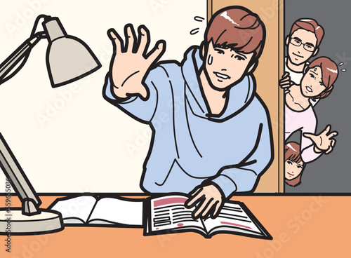 勉強する男子を見守る家族、助けてあげたい母