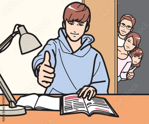 勉強する男子を見守る家族、イイネ！の母