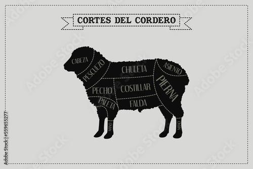 Guía de corte de carne de cordero, vector.
