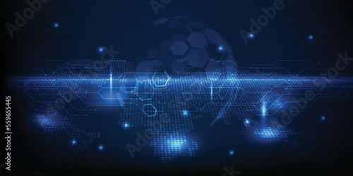 Vector illustrations of hologram hi tech globe floating on futuristic digital circuit line and glowing dots.Future tech and digital tech design concepts.