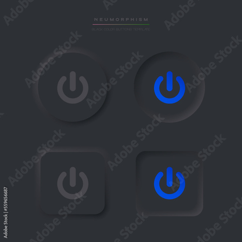 Power icon in neumorphism style. Power on off buttons. Black User interface elements for mobile app. Vector Neumorphic UI UX