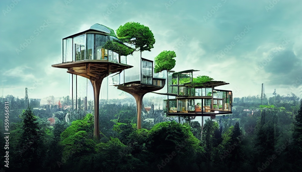 AI generated concept art of environmental friendly modern treehouse