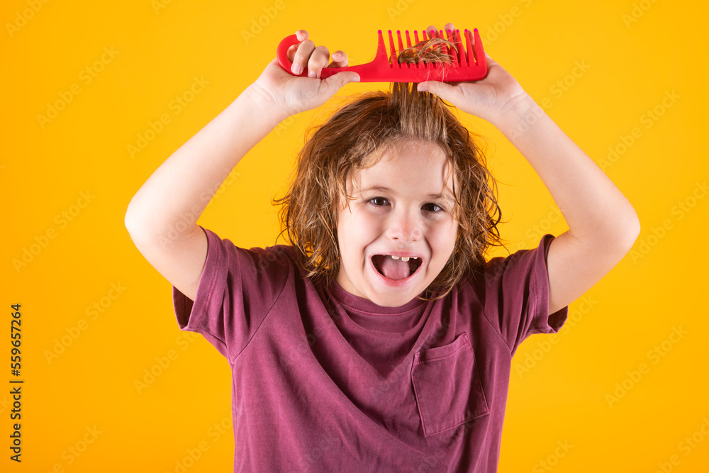 Ταπετσαρία Funny child with curly blonde hair holding comb hairbrush for combing
