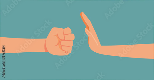 Hand Asking for Violence to Stop Vector Cartoon Illustration. Domestic violence concept drawing of a woman defending herself against aggressor 
