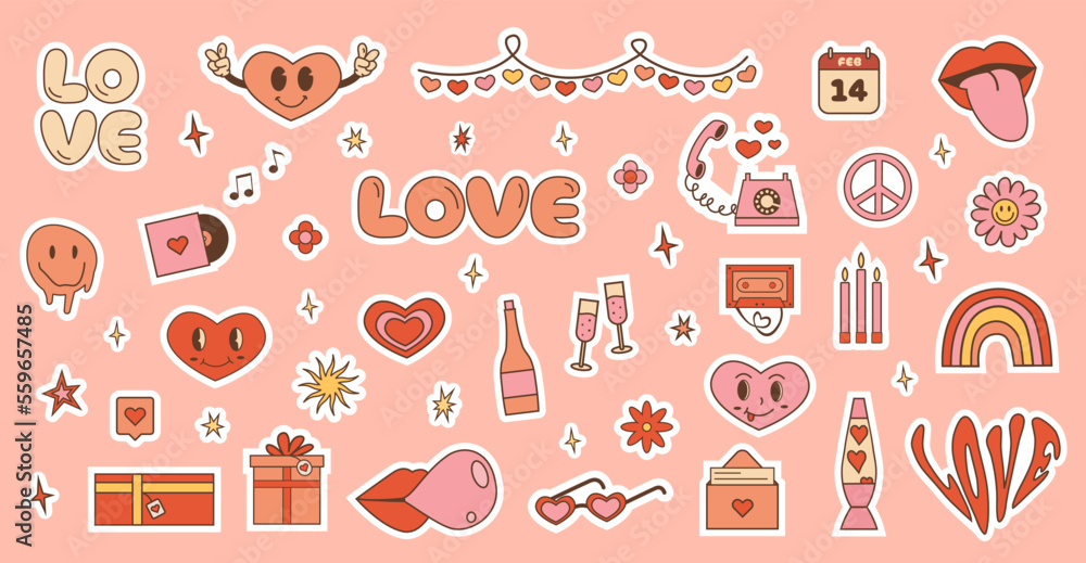 Happy Valentines day. Set of funky hippie elements for social media highlight. Retro 60s 70s trendy icons in pink color. Love dating and wedding concept. Vintage y2k characters. Vector illustration. Happy Valentines day. Set of funky hippie elements for social media highlight. Retro 60s 70s trendy icons in pink color. Love dating and wedding concept. Vintage y2k characters. Vector illustration.
