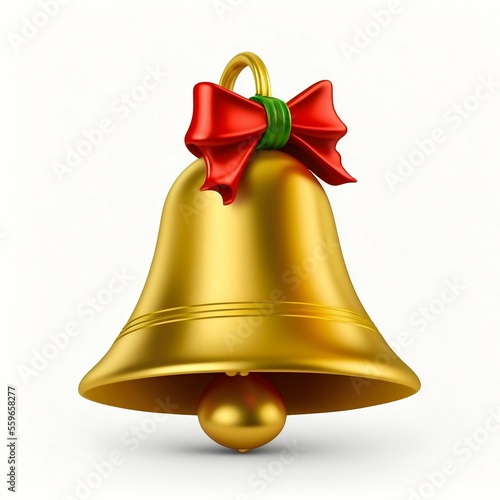 Golden Christmas bell with ribbon isolated on white background 