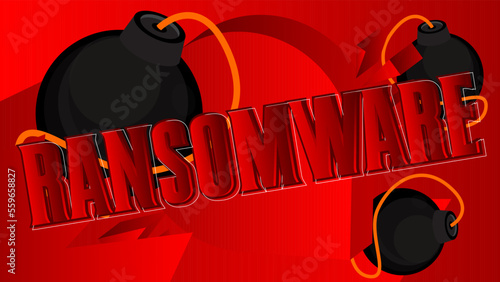 Ransomware text with black Bomb. Cartoon Vector Illutration.