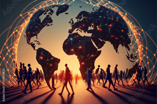 world map with globe connecting people through new tecnology concept illustration, generative ai