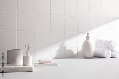 bathroom object with morning window light on white tile wall. front angle and copy space