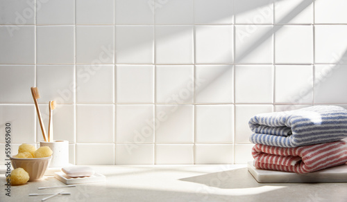 morning sunlight on modern white tile bathroom and bath object © gru pictures
