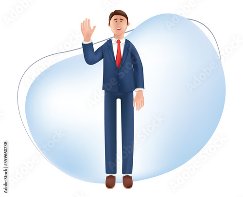 3D illustration of happy greeting gesture man waving hand. Cute cartoon smiling businessman saying hello, isolated on white background