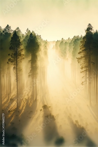 Forest at dawn  fog  light crept