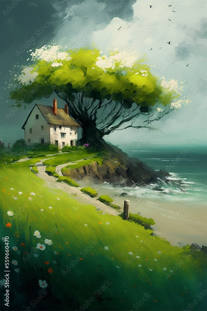 idyllic white house, green island in the sea, cherry blossom tree