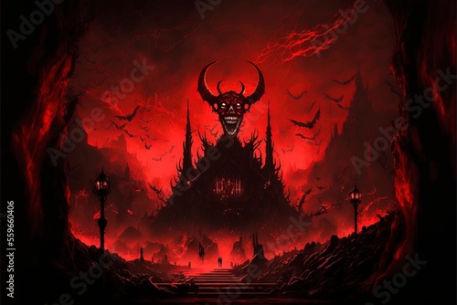 hell‘s bell‘s, scenery in hell, lots of demons, dark red lighting photo