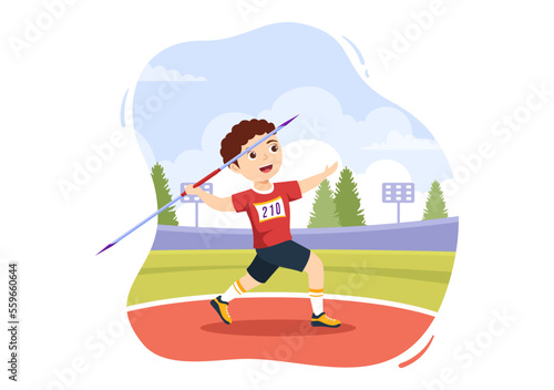 Javelin Throwing Kids Athlete Illustration using a Long Lance Shaped Tool to Throw in Sports Activity Flat Cartoon Hand Drawn Template