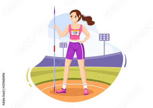 Javelin Throwing Athlete Illustration using a Long Lance Shaped Tool to Throw in Sports Activity Flat Cartoon Hand Drawn Template