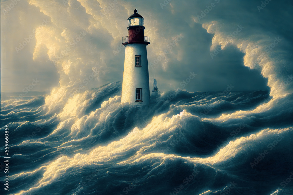 AI generated lighthouse provide light during a large storm on the ...