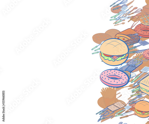 Background pattern abstract design texture. American food and Cutlery. Vertical seamless stripe. Border frame, transparent background. Theme is about Potato Maker, spoon, waffles, meat hammer