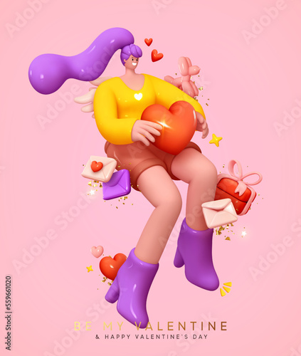 Happy Valentine's Day. Young cheerful happy girl with long hair levitates with red heart in her hands, postal greeting cards fly, gift box surprise. cartoon 3d characters. vector illustration