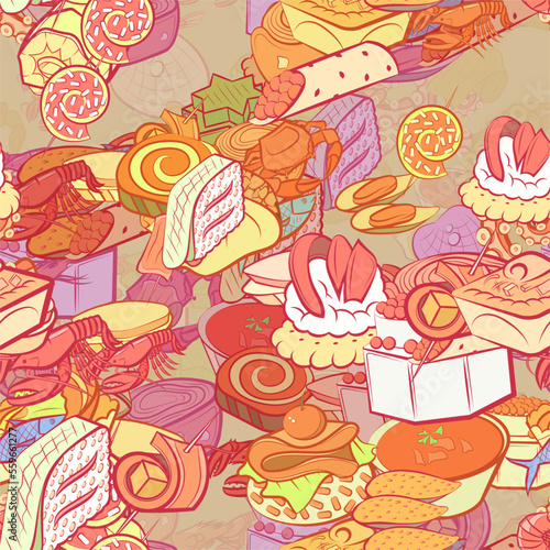 Background pattern abstract design texture. Seamless. Snacks and Seafood. Theme is about soup, fish, liquids, crab, tartlet, marshmallows, salmon, caramel, lobster, sweetness, oceanic, snack
