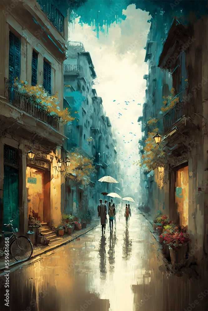 the old town in the dreamy season, the street with the warm lights and flowers, painting