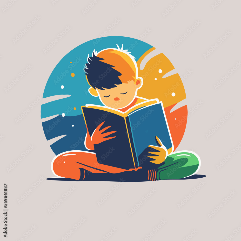 little boy kid reading book logo icon in flat vector design - obrazy, fototapety, plakaty 