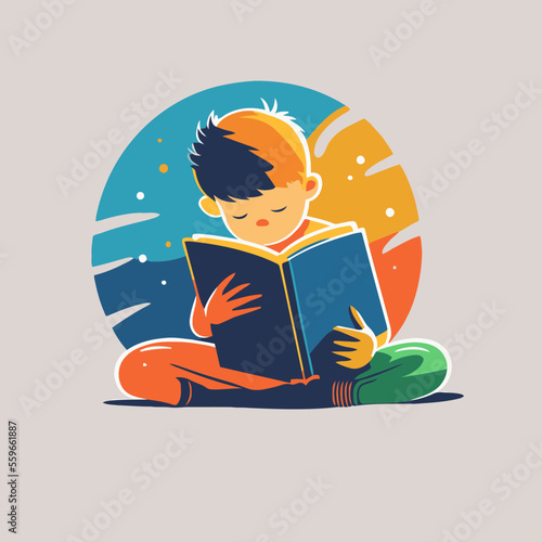 little boy kid reading book logo icon in flat vector design