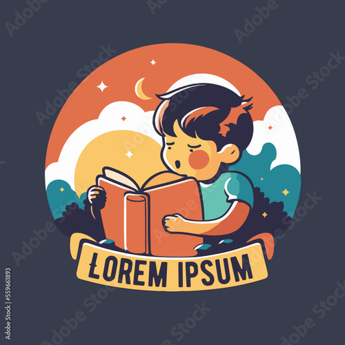 little boy kid reading book logo icon in flat vector design