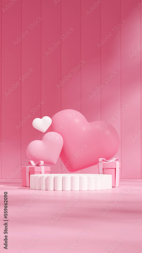 blank space white round podium in portrait gift box and heart shape background 3d rendering
