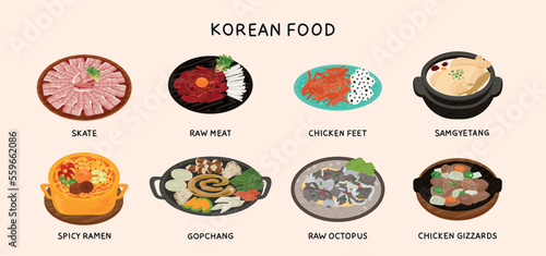 Korean unique food. Skate, raw meat, chicken feet, samgyetang, spicy ramen, tripe, octopus, chicken gizzard.