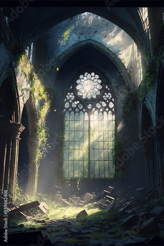 Ruined church overgrown with trees