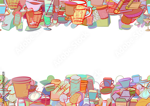 Background pattern abstract design texture. Drinks and Japanese food. Horizontal seamless stripes. Border frame, transparent background. Theme is about water bottles, cream, soy sauce, plastic