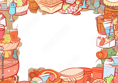 Background pattern abstract design texture. Snacks and Drinks. Border frame, transparent background. Theme is about star, cake, cheese, spiral, wine, onigiri, sugar, Martini, bubbles, drinking tube