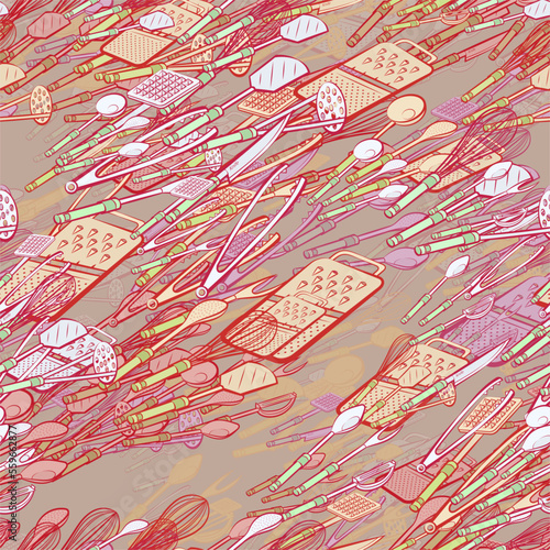 Background pattern abstract design texture. Seamless. Cutlery. Theme is about scooped, whisk, grater, potato peeler, spoon, knife, masher, Potato Maker, spatula, scoop, ladle, forceps