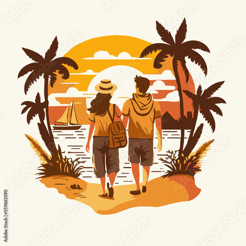 Travelling couple logo going to go on vacation concept illustration