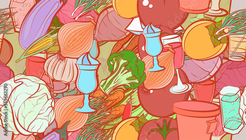 Background pattern abstract design texture. Seamless. Drinks and Health food. Theme is about hot peppers, cabbage, Chile, wine, fetus, persimmon, satisfying, vitamin C, aluminum, soda can
