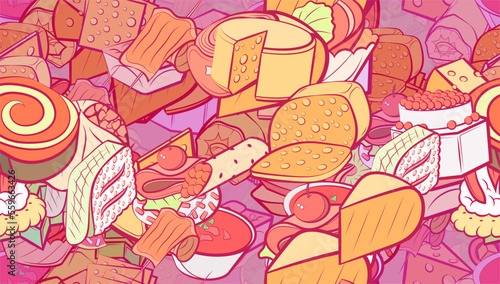 Background pattern abstract design texture. Seamless. Cheeses and Snacks. Theme is about crab meat, many holes, wrapped up, rice, dough, tartlet, star, classical, marshmallows, cheese, hard cheese