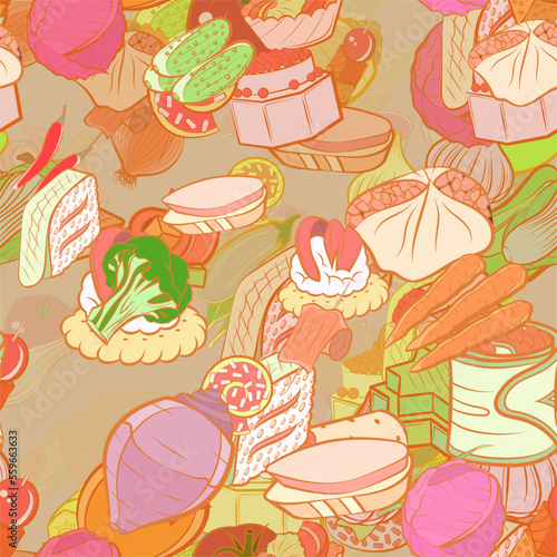 Background pattern abstract design texture. Seamless. Snacks and Health food. Theme is about whole garlic, cucumber roll, caviar, jelly, heads, a stack, tartlet, soup, white, sweet, satiety