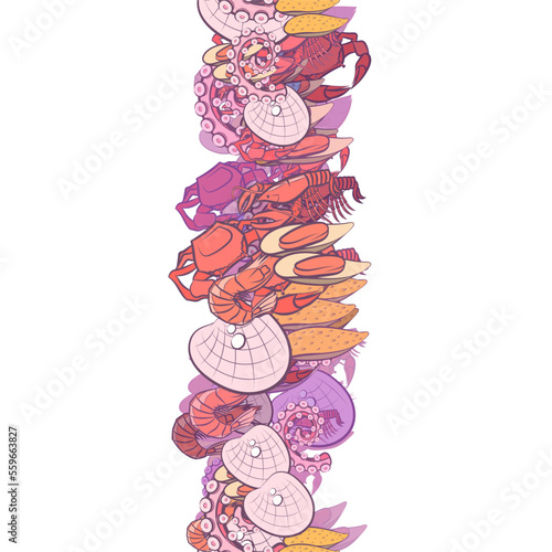 Background pattern abstract design texture. Seafood. Vertical seamless stripe. Border frame, transparent background. Theme is about fish, octopus, royal, sea, oceanic, mussels, claws, seafood
