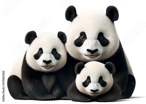 Cute panda family, 3D illustration on isolated background