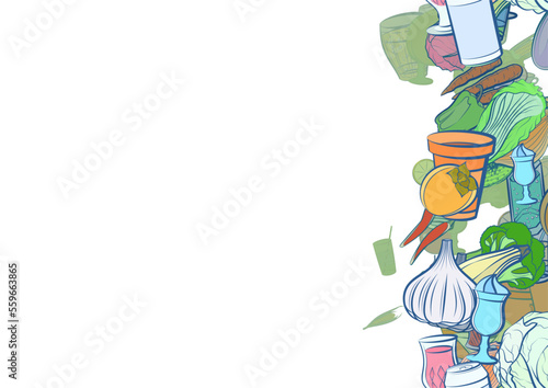 Background pattern abstract design texture. Health food and Drinks. Vertical seamless stripe. Border frame, transparent background. Theme is about dye, ice cream, vegetables, red cabbage