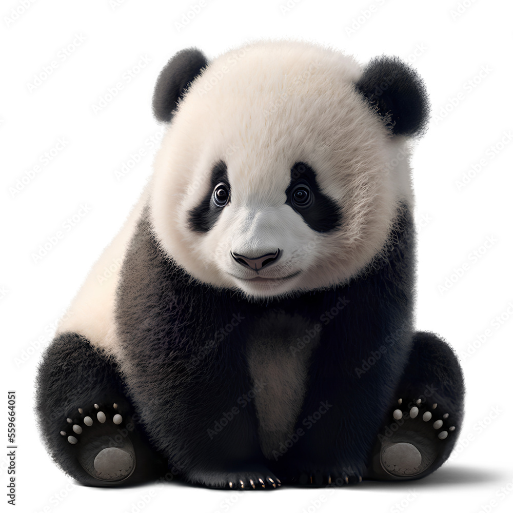 Adorable baby panda cub sitting down, 3D illustration on isolated background