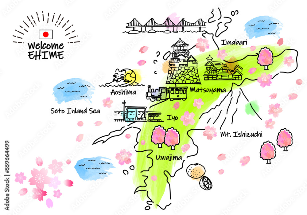 春の愛媛県の観光地のシンプル線画イラストマップ