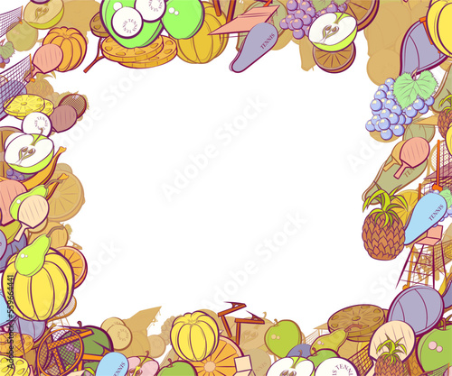 Background pattern abstract design texture. Tennis and Fruits. Border frame, transparent background. Theme is about whole, mandarin, pieces, bunch, net, game table, ping-pong, fruit, fetus