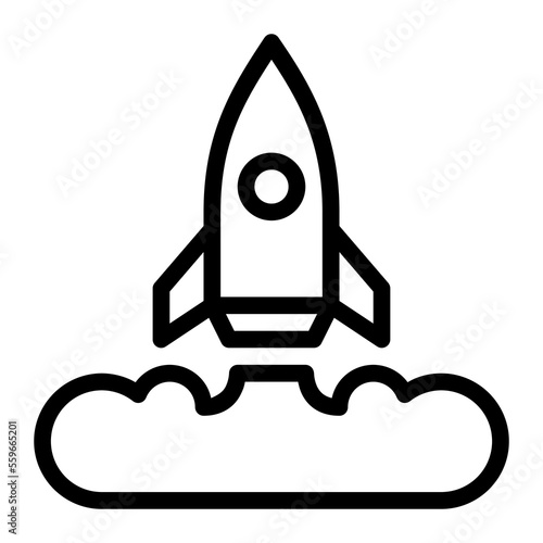 Isolated rocket launch in outline icon on white background. Launching, boost, startup, advertising, marketing